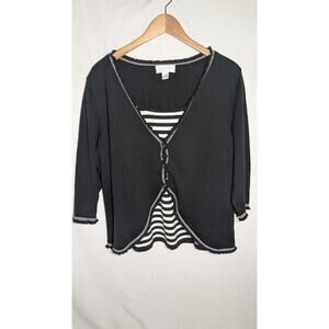 Christopher Banks Womens Sweater Sz 1X 3/4 Sleeve Black White Ruffle Striped